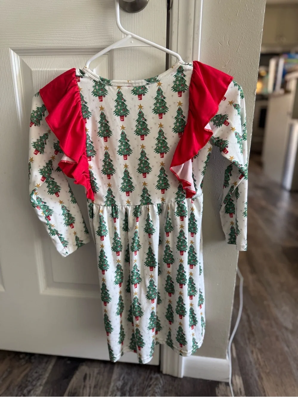 Girls White Holiday Tree Print Dress with Red Ruffle Shoulders